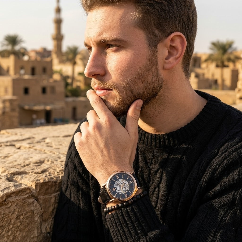 Elegant man wearing Maserati Epoca R8821118001 automatic watch with rose gold case and luxury skeleton dial