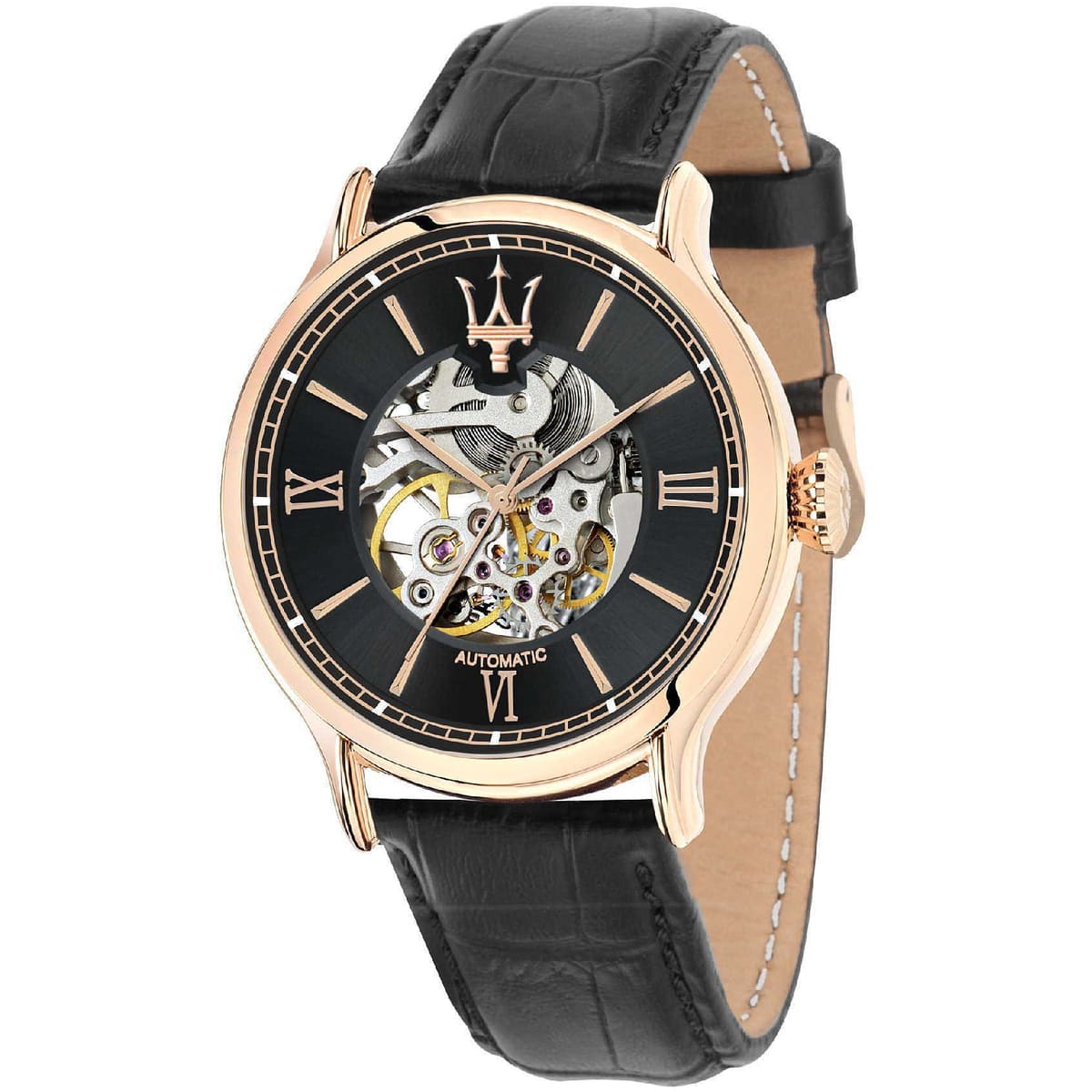 Maserati Epoca R8821118001 men's automatic watch with black skeleton dial, rose gold-tone case, black alligator-pattern leather strap main view