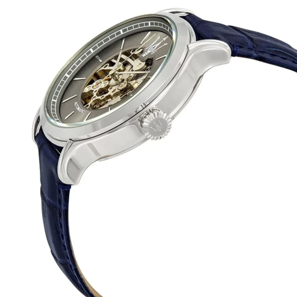 Left angled view of Maserati Epoca R8821118002 automatic watch showing blue leather strap and silver-tone case profile