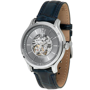 Right angled view of Maserati Epoca R8821118002 automatic watch highlighting silver finish and movement details