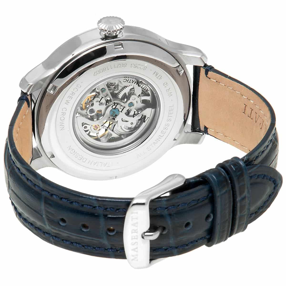 Exhibition caseback of Maserati Epoca R8821118002 automatic watch showing mechanical movement and 100m water resistance