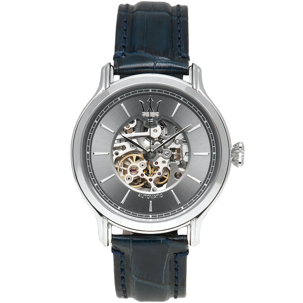 Maserati Epoca R8821118002 men's automatic watch with gray skeleton dial, silver-tone case, navy blue alligator-pattern leather strap main view