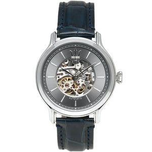 Maserati Epoca R8821118002 men's automatic watch with gray skeleton dial, silver-tone case, navy blue alligator-pattern leather strap main view