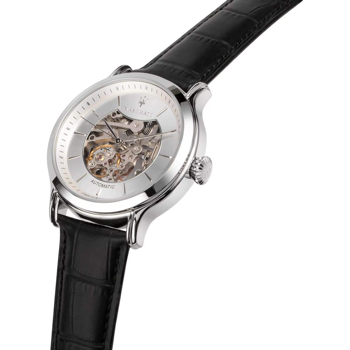 Right angled view of Maserati Epoca R8821118005 automatic watch highlighting silver finish and movement details