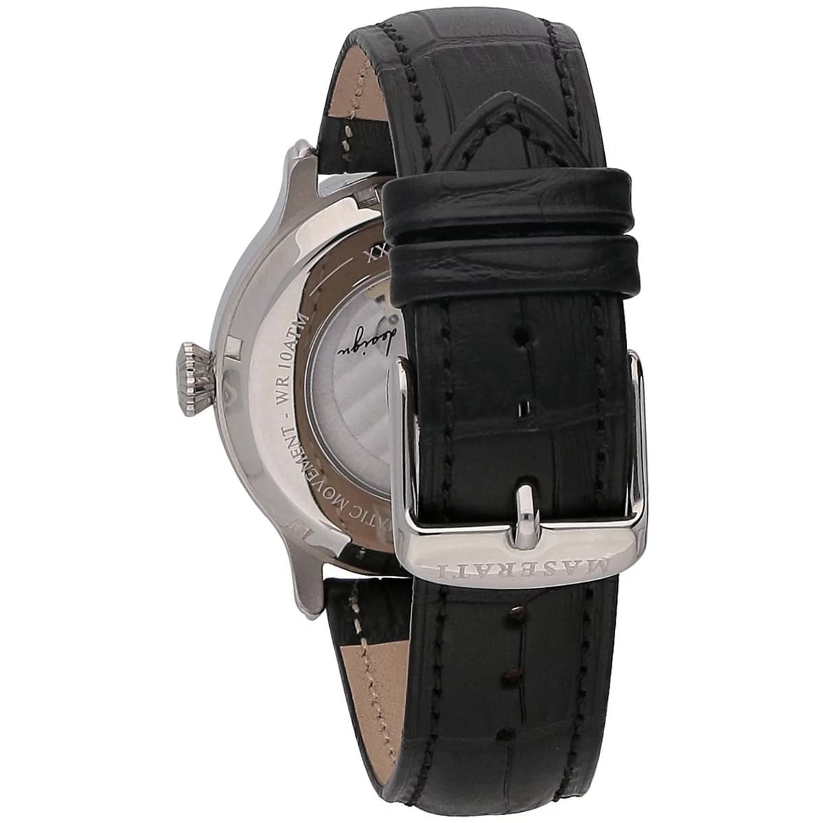 Silver-tone buckle clasp on Maserati Epoca R8821118005 automatic black leather strap watch