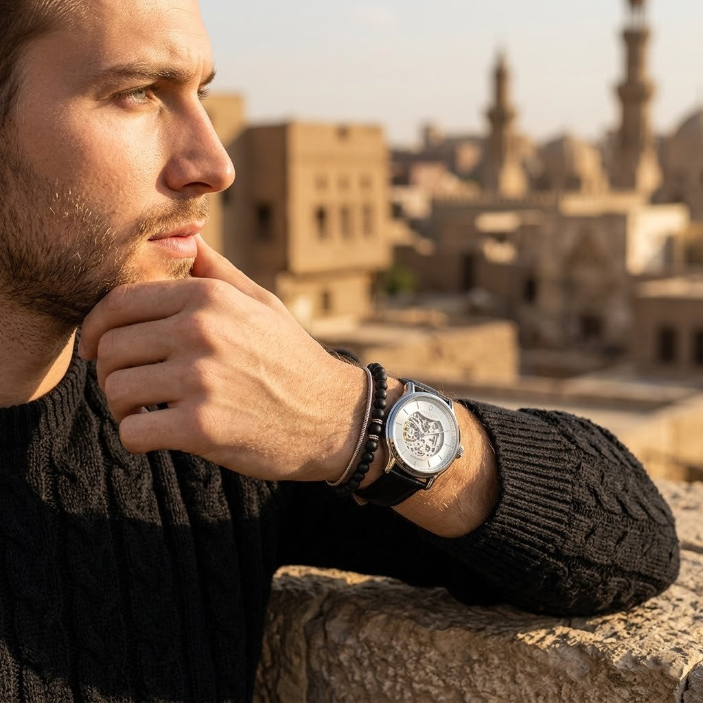 Elegant man wearing Maserati Epoca R8821118005 automatic watch with silver case and luxury open heart dial