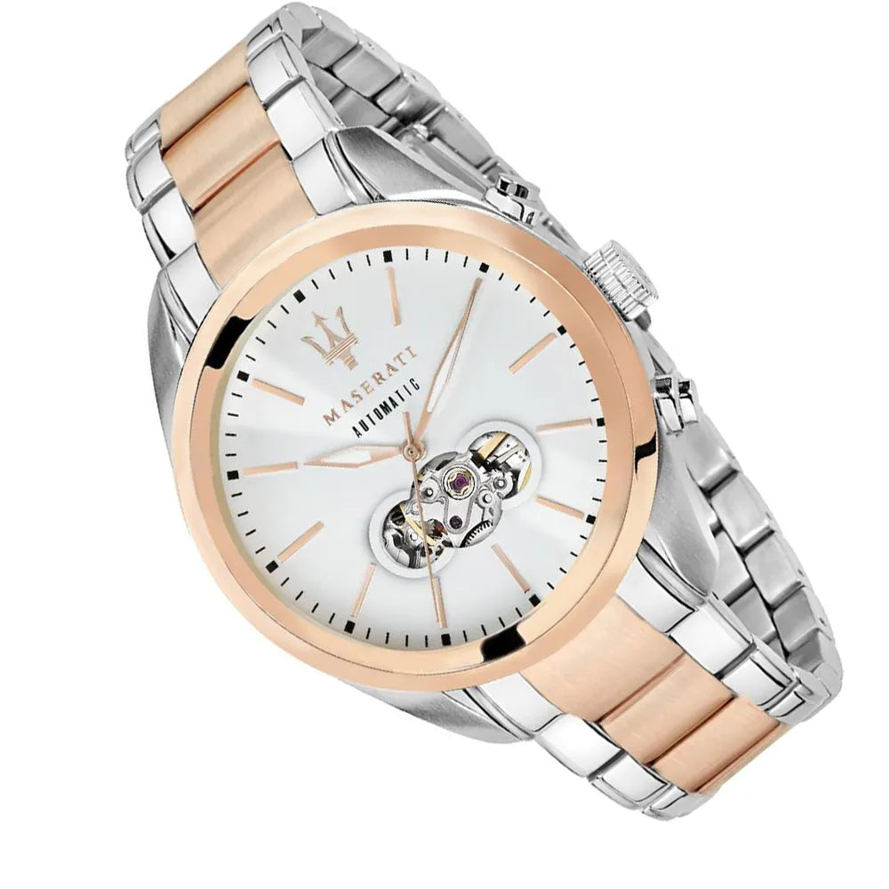 Right angled view of Maserati Traguardo R8823112001 automatic watch highlighting rose gold bezel and mechanical movement details