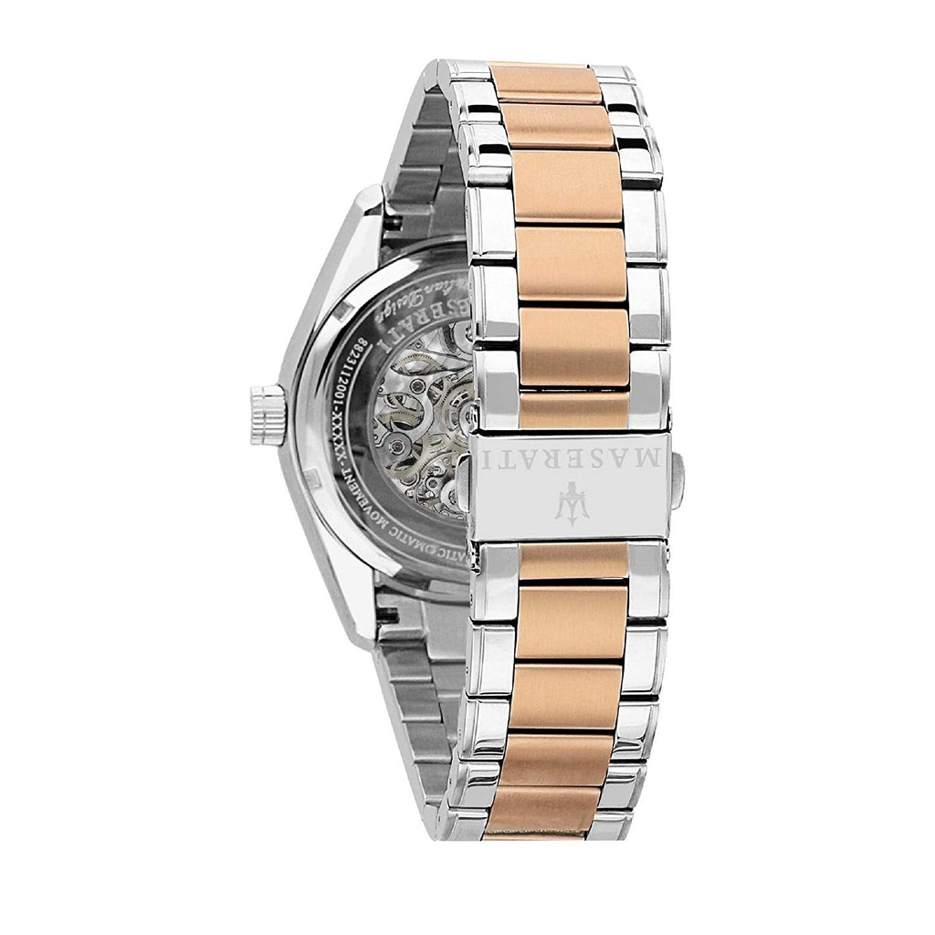 Two-tone deployment clasp on Maserati Traguardo R8823112001 automatic metal bracelet watch