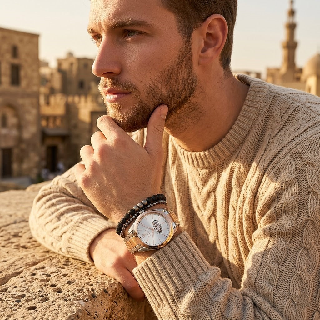 Elegant man wearing Maserati Traguardo R8823112001 automatic watch with two-tone case and luxury open heart dial