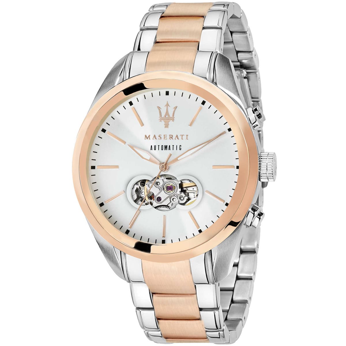 Maserati Traguardo R8823112001 men's automatic watch with white open heart dial, rose gold-tone bezel, silver and rose gold-tone case, two-tone stainless steel bracelet main view