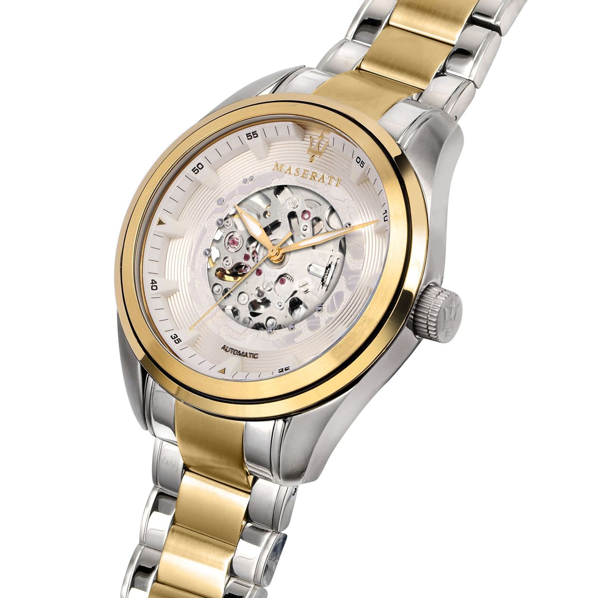 Right angled view of Maserati Traguardo R8823112003 automatic watch highlighting gold bezel and mechanical movement details