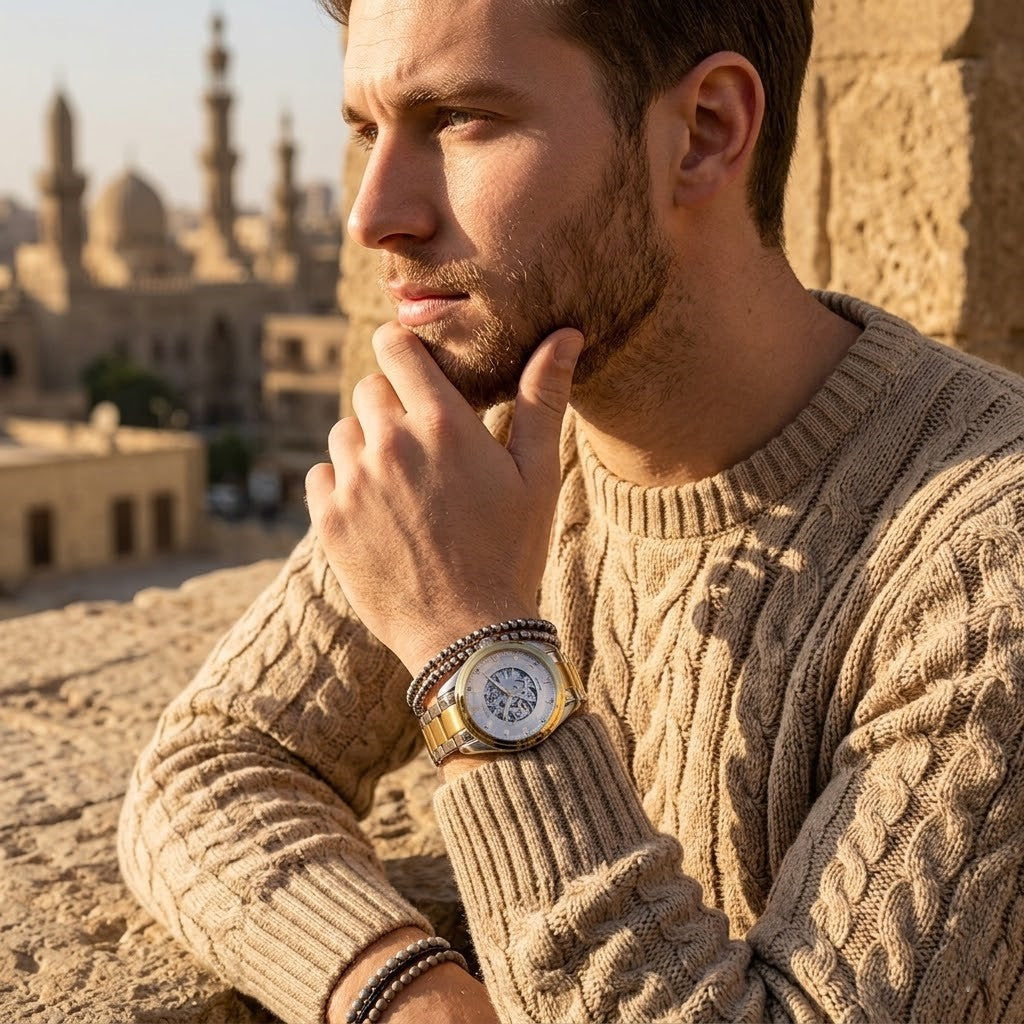 Elegant man wearing Maserati Traguardo R8823112003 automatic watch with two-tone case and luxury open heart dial
