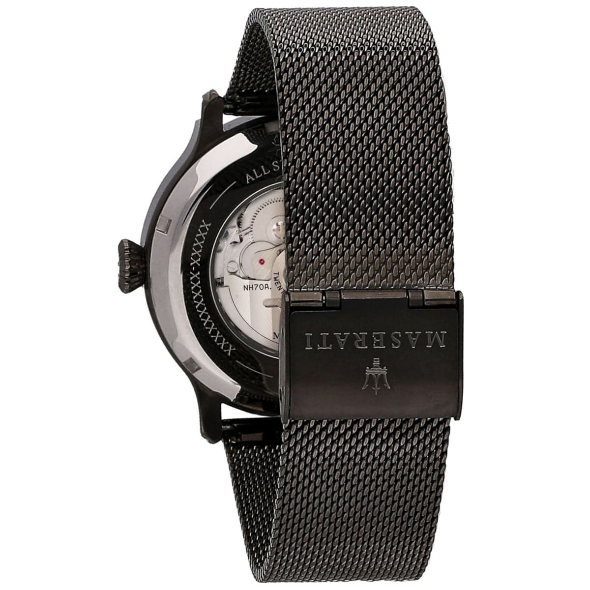 Gunmetal-tone sliding clasp on Maserati Epoca R8823118006 automatic metal mesh strap watch