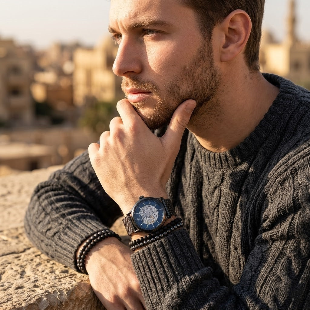 Elegant man wearing Maserati Epoca R8823118006 automatic watch with gunmetal case and luxury blue open heart dial