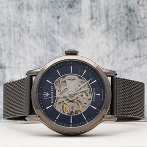 Live photo of Maserati Epoca R8823118006 automatic watch showing actual gunmetal finish and deep blue sunray dial
