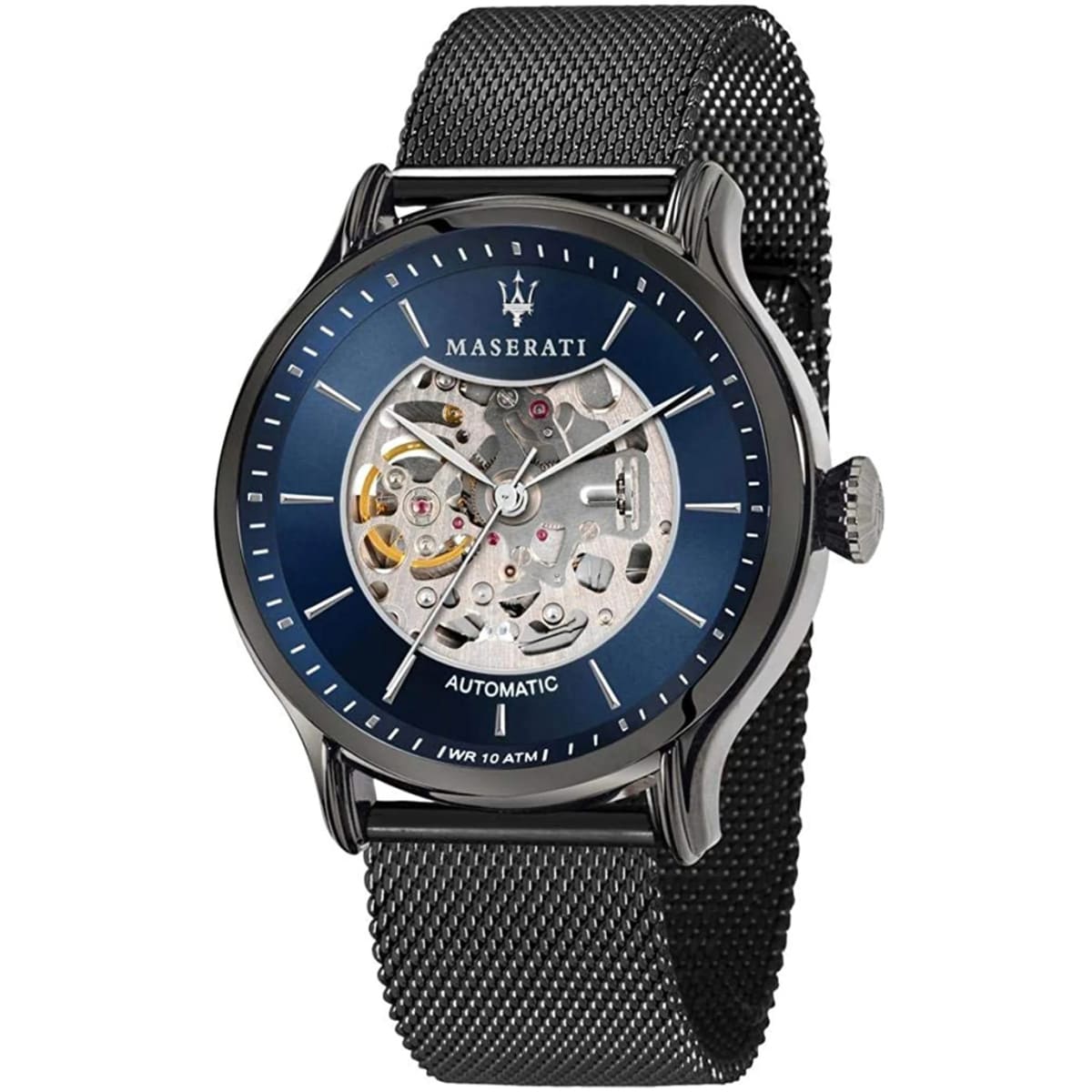 Maserati Epoca R8823118006 men's automatic watch with blue open heart dial, gunmetal-tone case, gunmetal gray stainless steel mesh strap main view