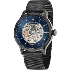 Maserati Epoca R8823118006 men's automatic watch with blue open heart dial, gunmetal-tone case, gunmetal gray stainless steel mesh strap main view