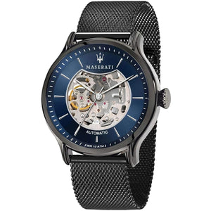Maserati Epoca R8823118006 men's automatic watch with blue open heart dial, gunmetal-tone case, gunmetal gray stainless steel mesh strap main view