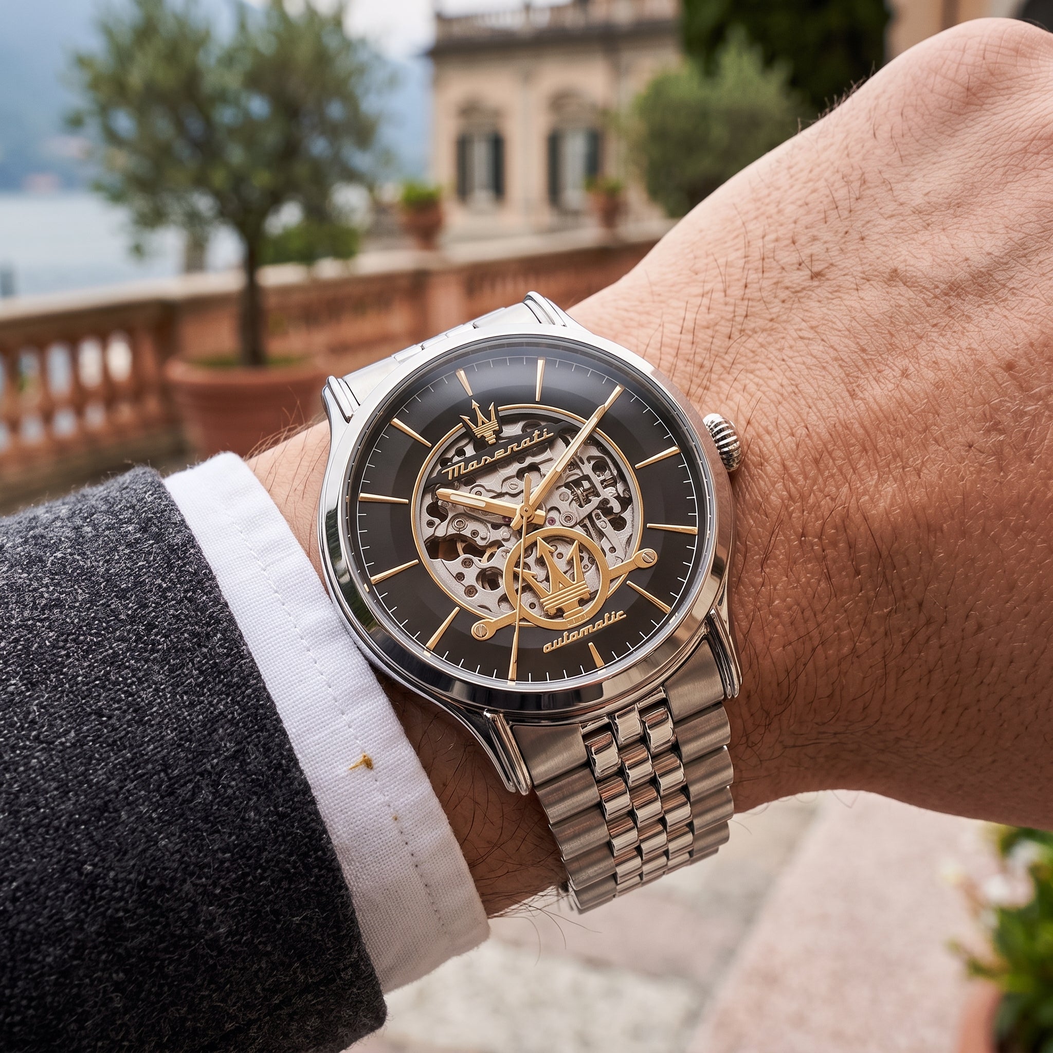 Live wrist shot of the Maserati Epoca R8823118015 automatic watch with stainless steel bracelet.