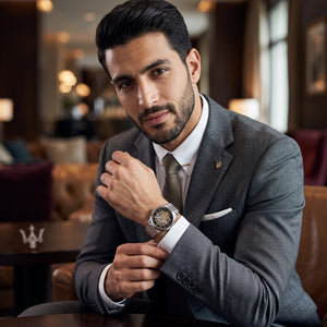 Lifestyle luxury shot featuring the Maserati Epoca R8823118015 automatic skeleton watch.