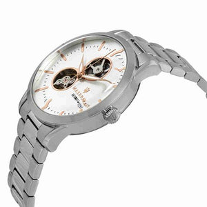 Right angled view of Maserati Tradizione R8823125001 automatic watch highlighting silver finish and mechanical movement details