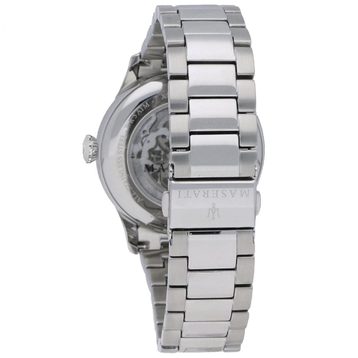 Silver-tone deployment clasp on Maserati Tradizione R8823125001 automatic metal bracelet watch