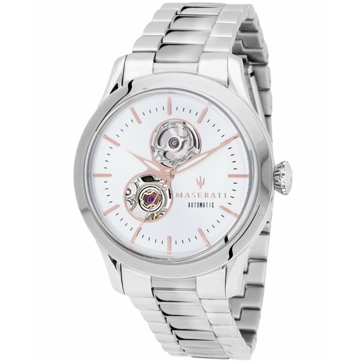 Maserati Tradizione R8823125001 men's automatic watch with white dual open heart dial, silver-tone case, silver stainless steel bracelet main view