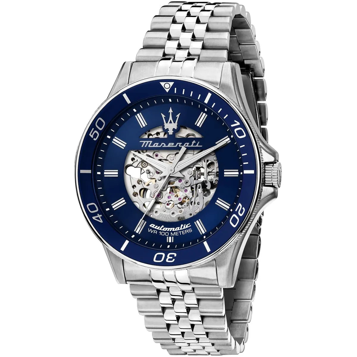 Maserati Sfida R8823140011 Men's Automatic Skeleton Watch – Blue Dial & Silver Stainless Steel Strap