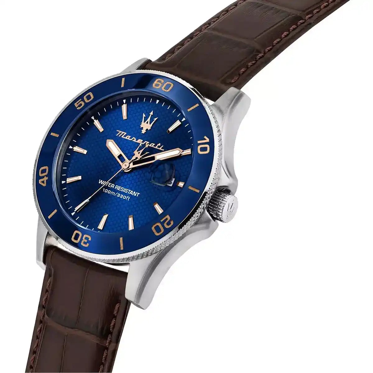 Right angled view of Maserati Competizione R8851100004 men's quartz battery watch highlighting blue bezel and rose gold dial details