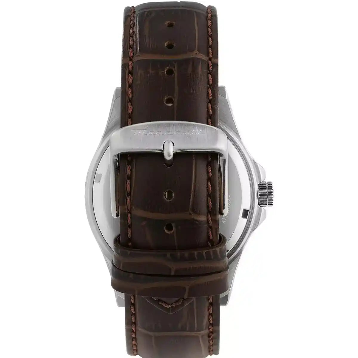 Silver-tone buckle clasp on Maserati Competizione R8851100004 men's quartz battery brown leather strap watch