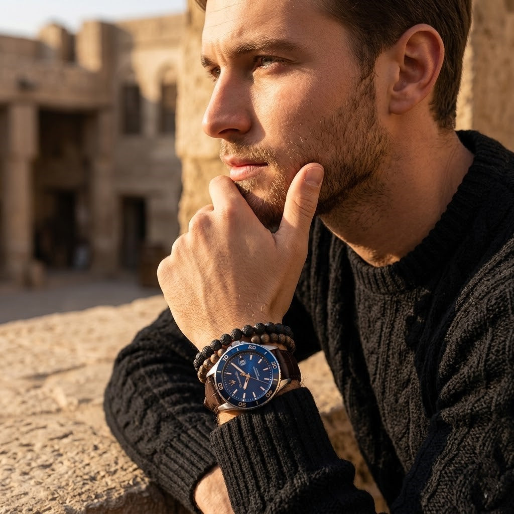 Elegant man wearing Maserati Competizione R8851100004 men's quartz battery watch with silver case and luxury brown leather strap