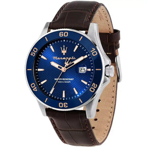 Maserati Competizione R8851100004 men's quartz battery watch with blue honeycomb dial, rose gold-tone markers, blue bezel, silver-tone case, brown leather strap main view