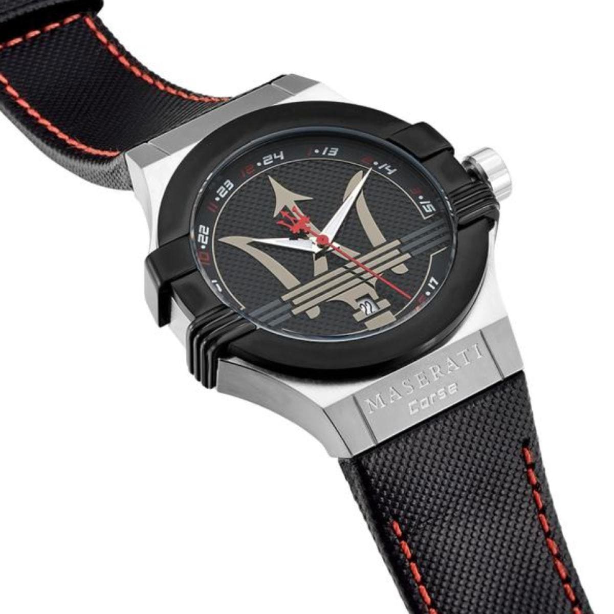 Maserati Potenza R8851108001 men's watch with silver case, black bezel, and red stitched leather strap