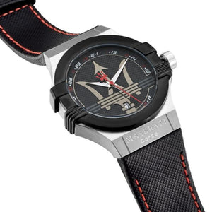 Maserati Potenza R8851108001 men's watch with silver case, black bezel, and red stitched leather strap