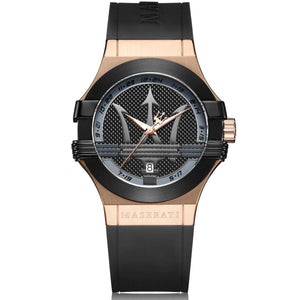 Maserati Potenza R8851108002 men's watch with rose gold case, black bezel, and black rubber strap