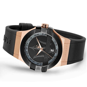 Left perspective of the Maserati Potenza R8851108002 showing the durable black rubber strap