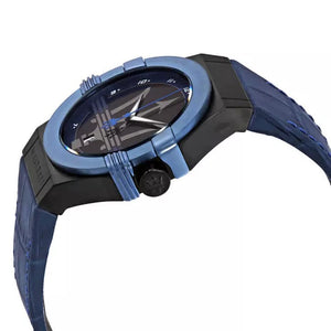 Left angled view of Maserati Potenza R8851108007 men's quartz battery watch showing blue leather strap and blue-tone case profile