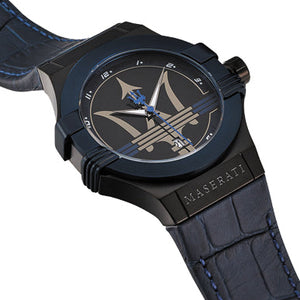 Right angled view of Maserati Potenza R8851108007 men's quartz battery watch highlighting blue finish and Trident logo details