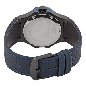 Caseback of Maserati Potenza R8851108007 men's quartz battery watch showing technical specs 100m water resistance and leather strap