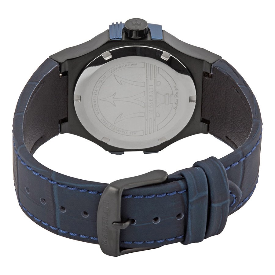 Caseback of Maserati Potenza R8851108007 men's quartz battery watch showing technical specs 100m water resistance and leather strap