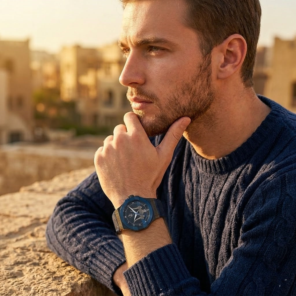 Elegant man wearing Maserati Potenza R8851108007 men's quartz battery watch with blue case and luxury black dial