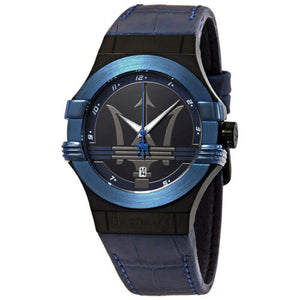 Blue and black watch with a detailed face on a white background