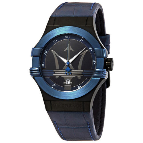 Blue and black watch with a detailed face on a white background