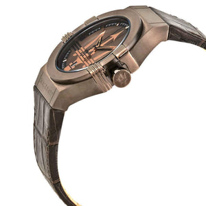 Right angled view of Maserati Potenza R8851108011 men's quartz battery watch highlighting brown PVD finish and trident logo details