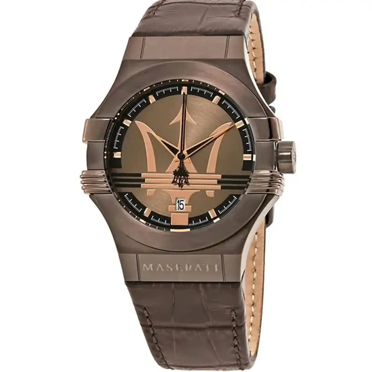 Maserati Potenza R8851108011 men's quartz battery watch with brown sunray dial, oversized rose gold trident logo, brown PVD case, brown leather strap main view