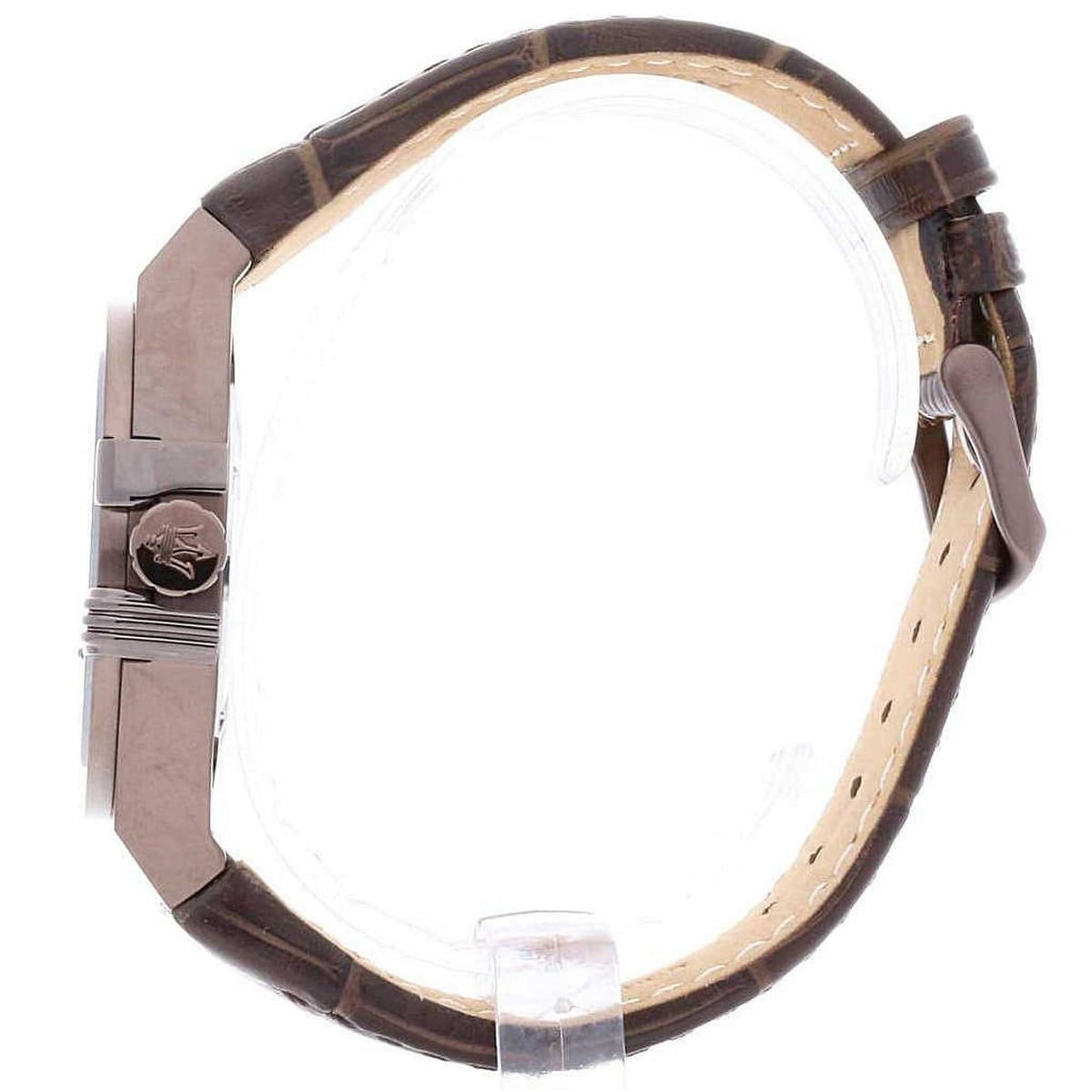 Side profile of Maserati Potenza R8851108011 men's quartz battery watch showing 10.5mm thickness and brown finish