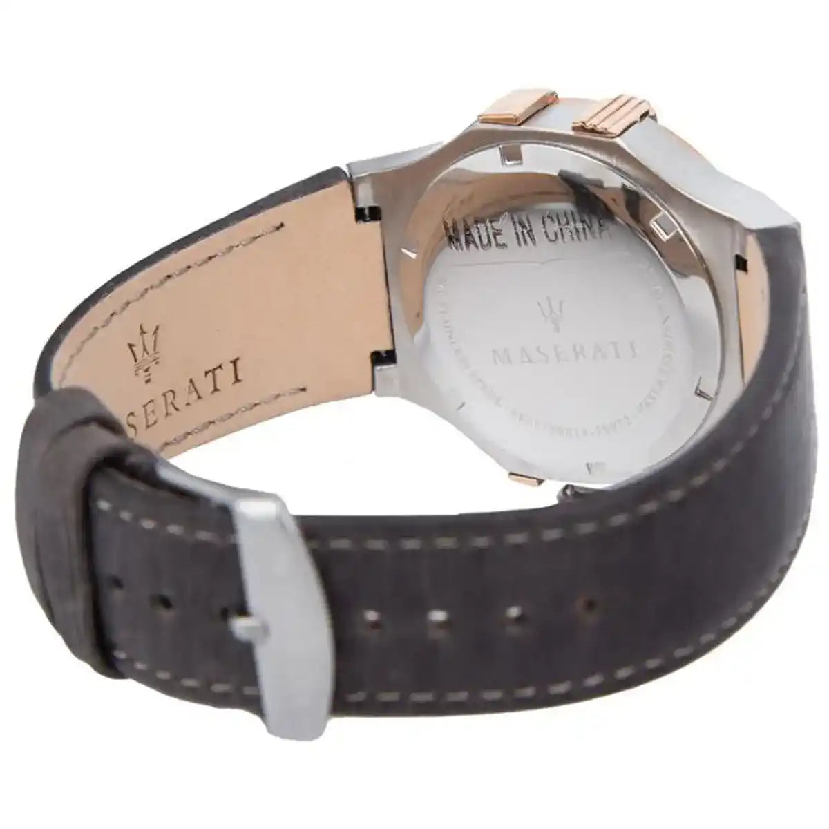 Stainless steel buckle clasp with Maserati logo on the brown leather strap of the R8851108014