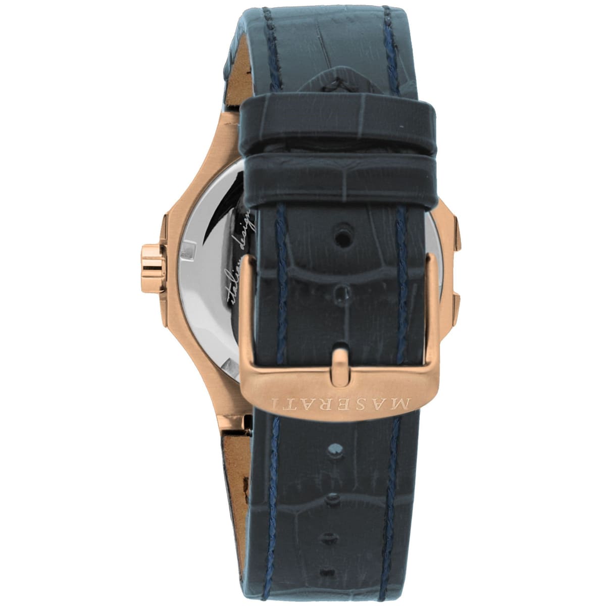 Rose gold-tone buckle clasp on Maserati Potenza R8851108027 men's quartz battery blue leather strap watch