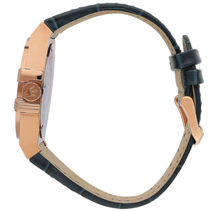 Detailed view of rose gold-tone crown on Maserati Potenza R8851108027 men's quartz battery watch with blue dial