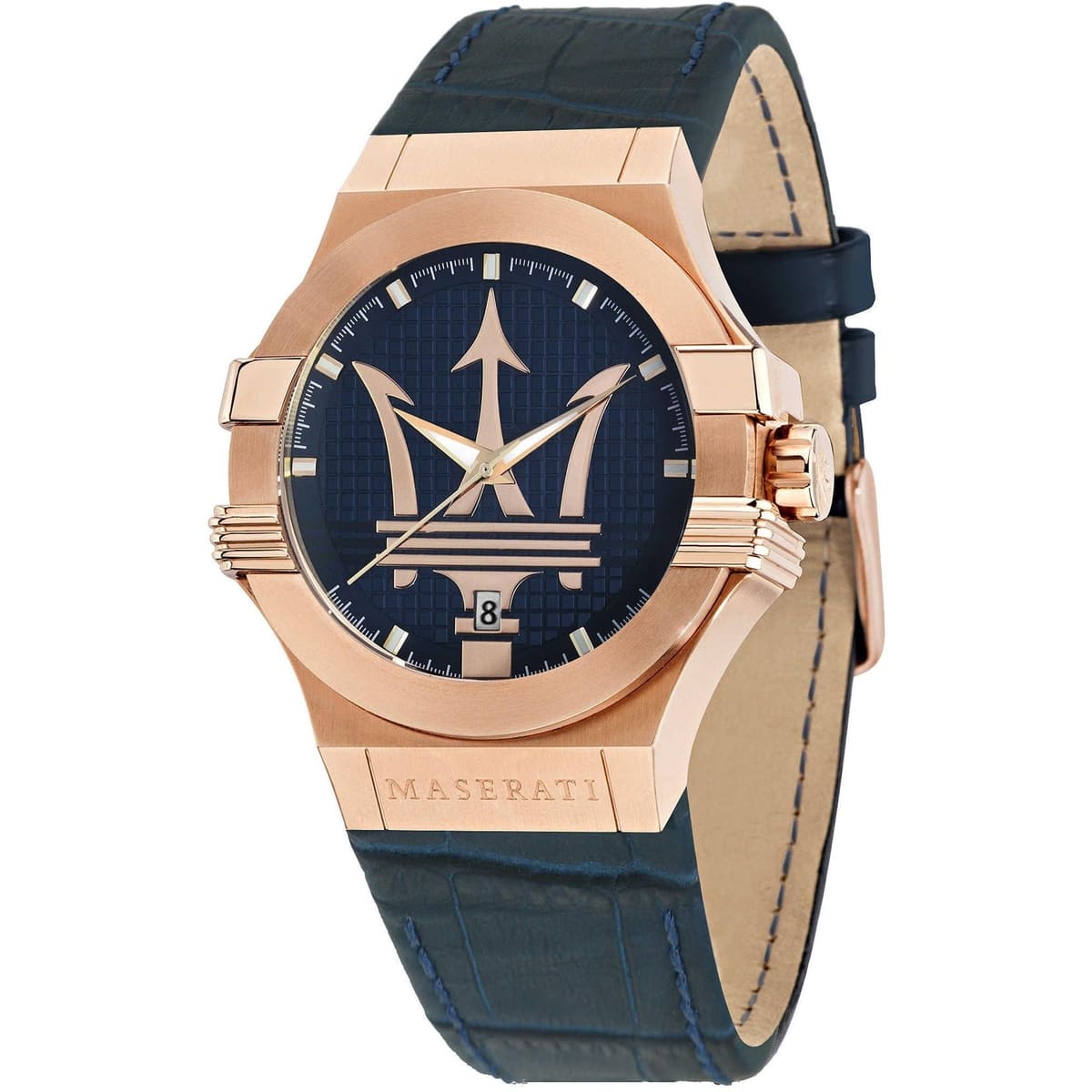 Maserati Potenza R8851108027 men's quartz battery watch with blue textured dial, rose gold-tone case, blue leather strap main view